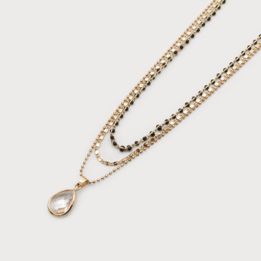 Caracol Three Layers Necklace w/Crystal Drop 1696-GLD