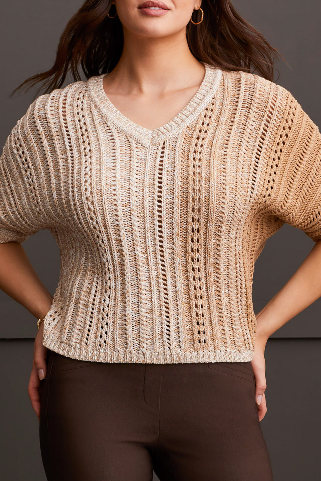 Tribal Dolman Elbow Sleeve Sweater H. Tan 18690-576-1368