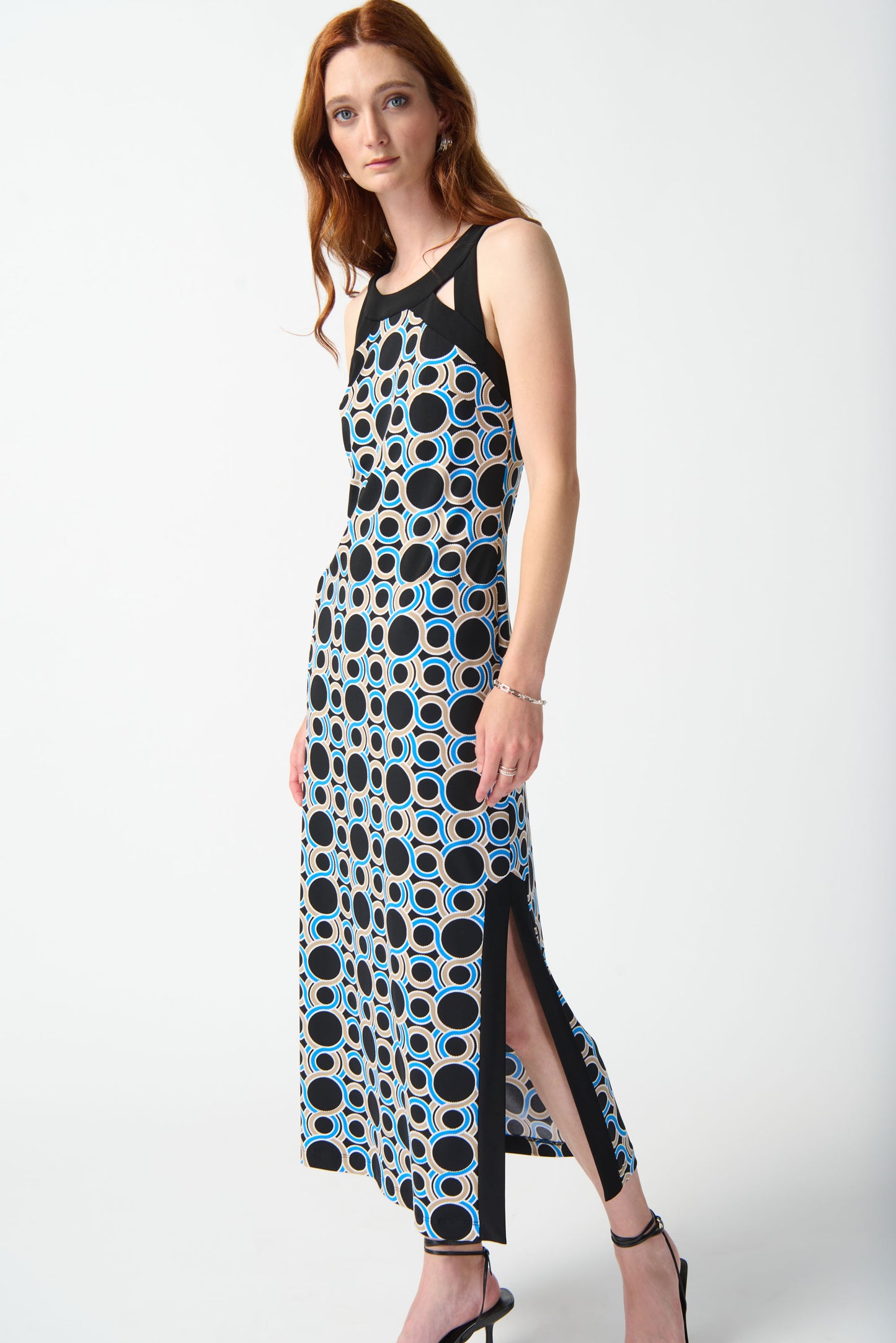 Joseph Ribkoff Silky Knit Geometric Print Maxi Dress  Black/Multi 242080
