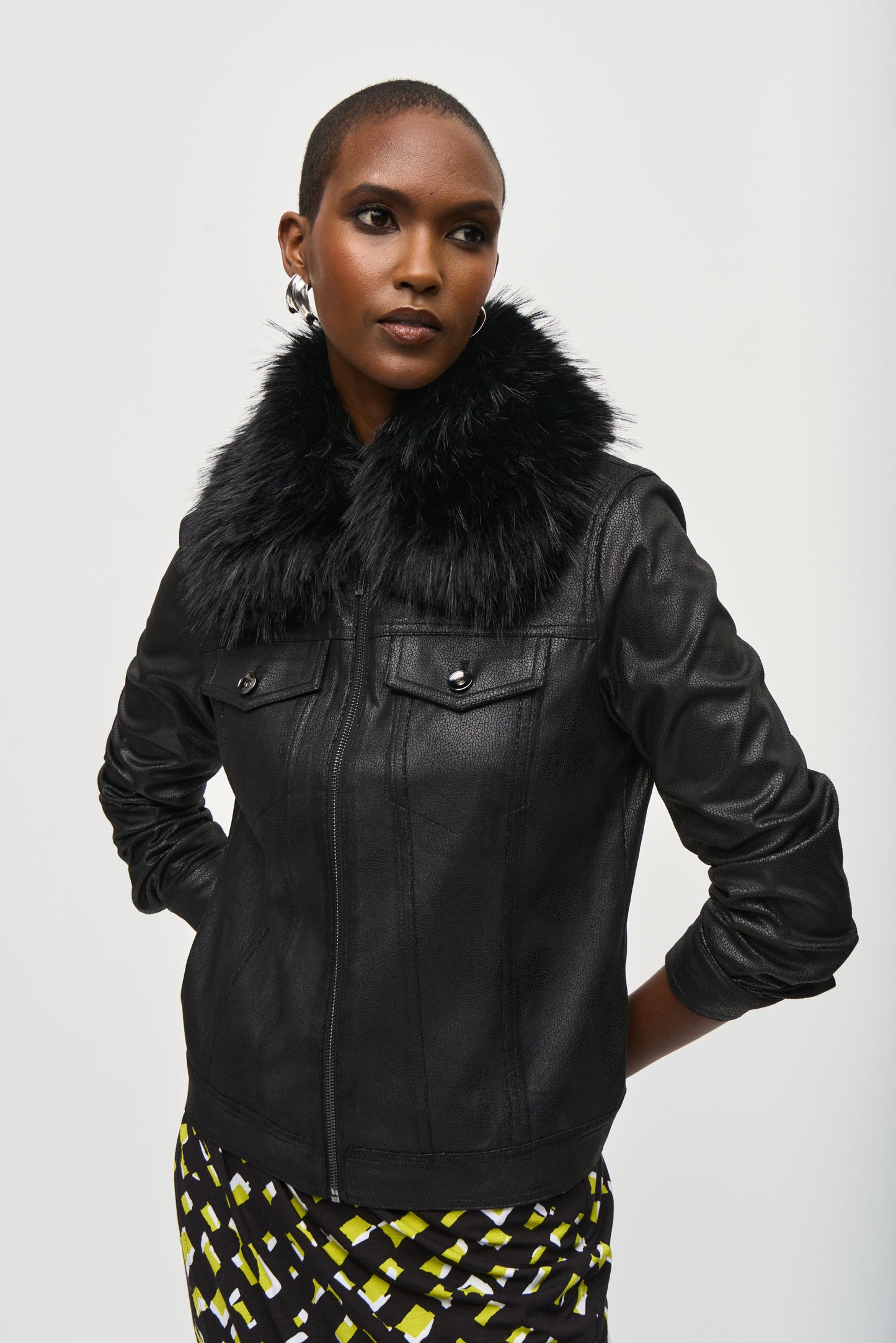 Joseph Ribkoff Faux Fur Collar Faux Suede Jacket Black 243907