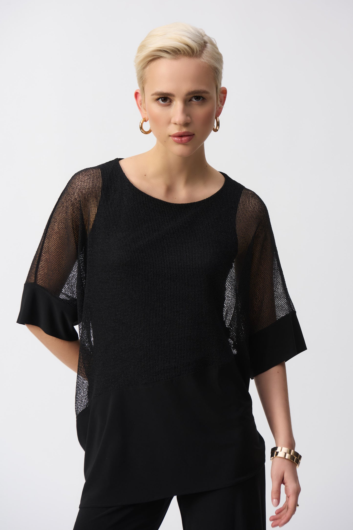 Joseph Ribkoff Mesh & Silky Knit Cocoon Top Black 251092