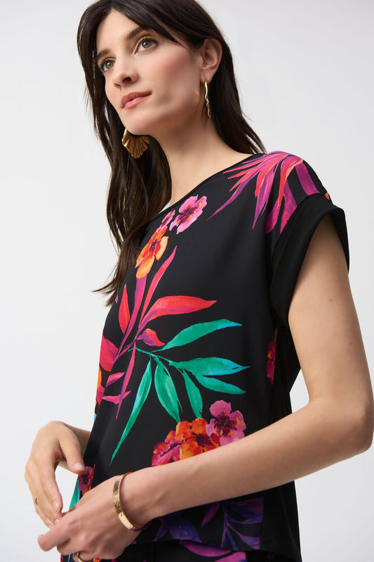 Joseph Ribkoff Georgette Tropical Boxy Top Black/Multi 251214