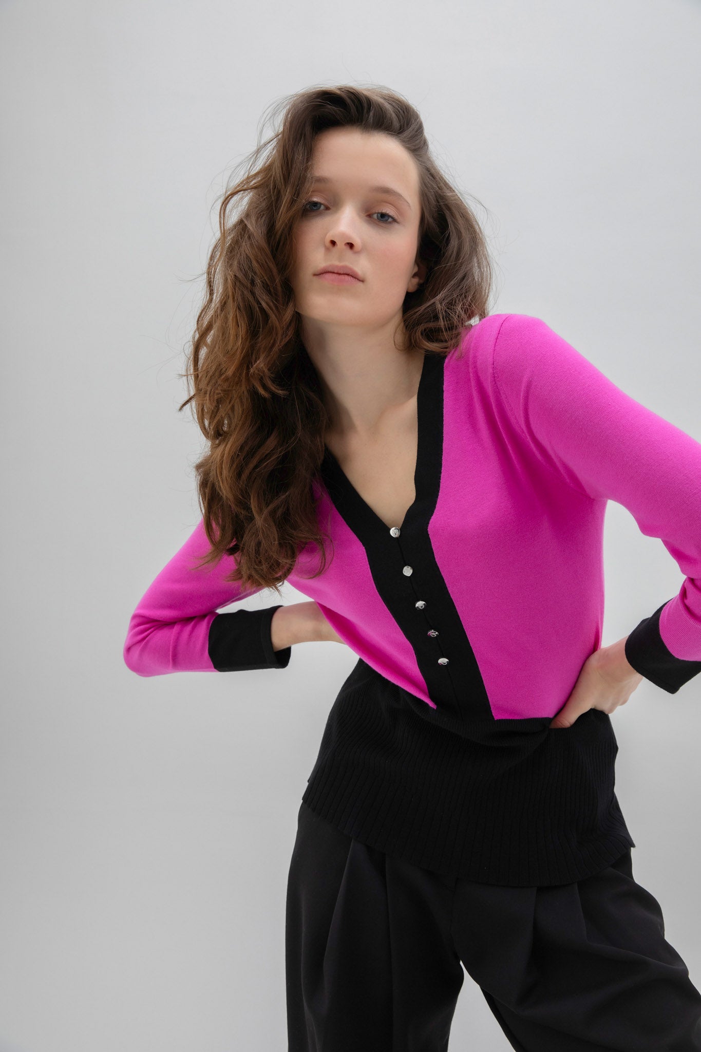 Marble Sweater w/Button Detail Magenta 7666-222