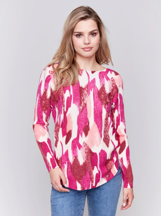 Charlie B Printed Round Hem Sweater w/Pockets Fuchsia C2380RP-464A-P377