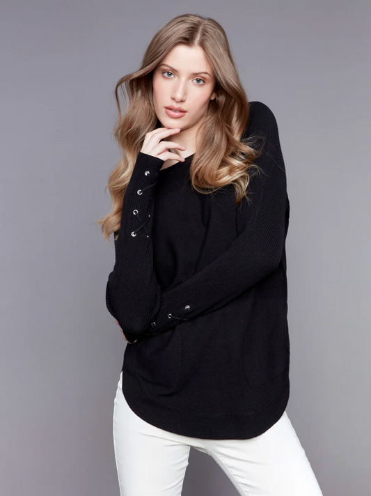 Charlie B Round Hem Sweater w/Front Pockets & Sleeve Lacing Detail Black C2380W-464A-001