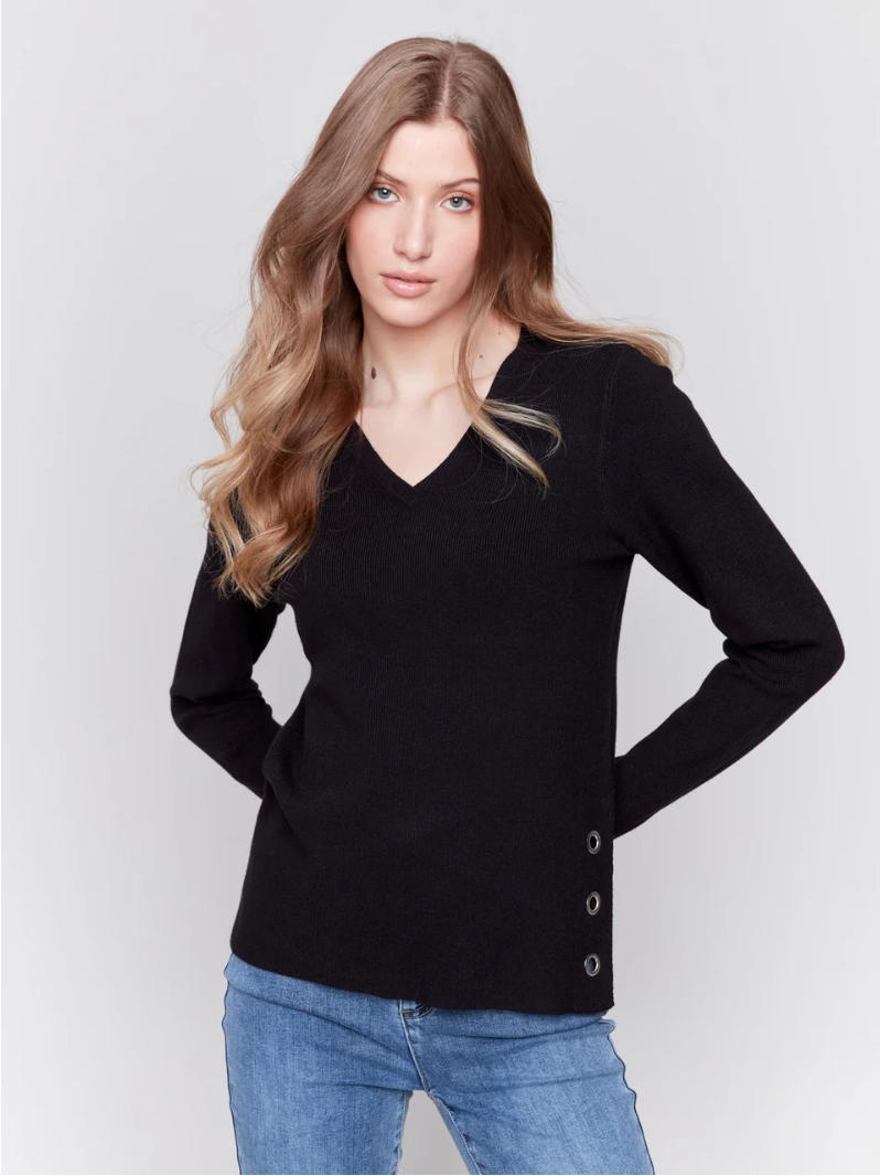 Charlie B V-Neck Sweater w/Grommet Detail Black C2569R-464A-001