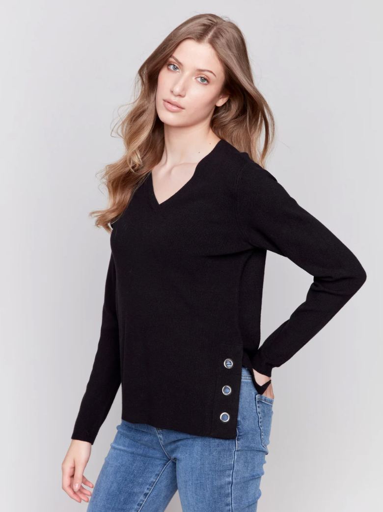 Charlie B V-Neck Sweater w/Grommet Detail Black C2569R-464A-001