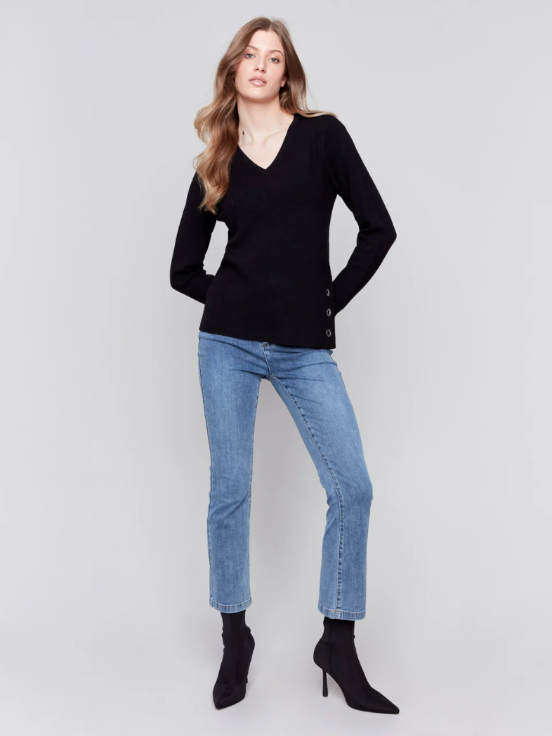 Charlie B V-Neck Sweater w/Grommet Detail Black C2569R-464A-001