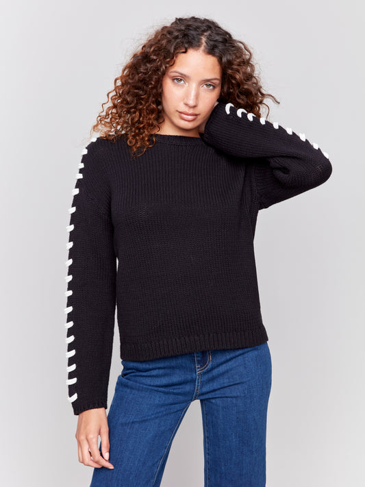 Charlie B Crew Neck Sweater w/Stitch Details Black C2697-424B-001