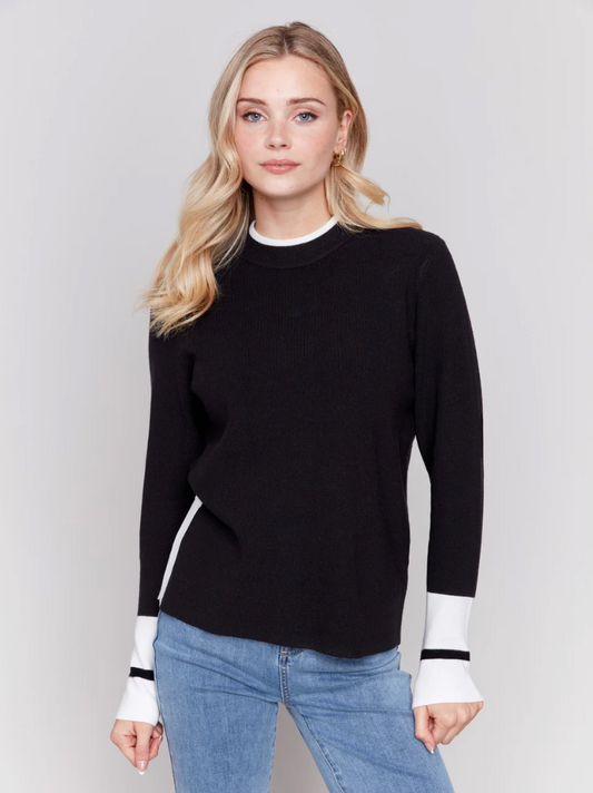 Charlie B Crew Neck Sweater w/Side Slits Black C2740-464A-001