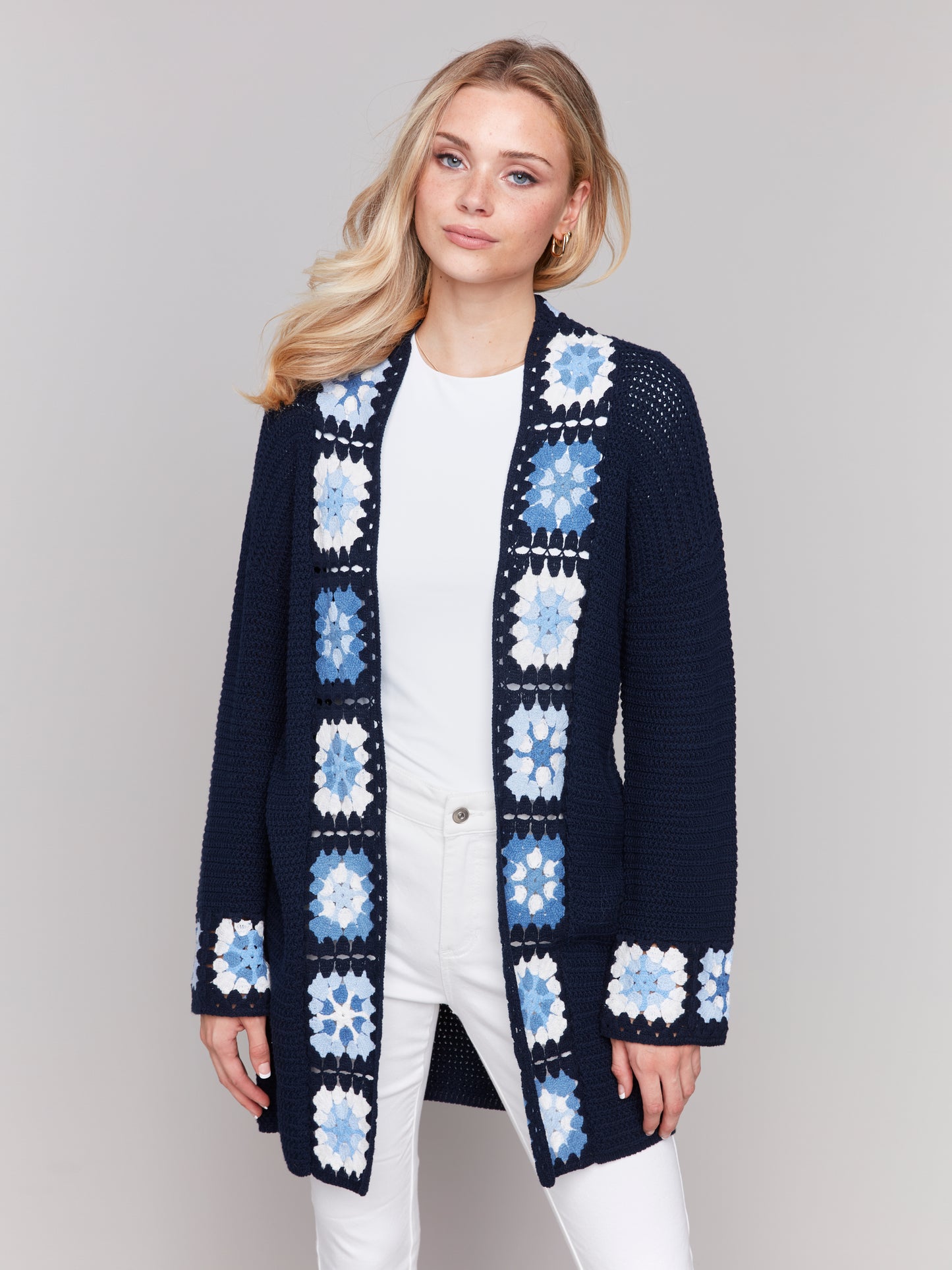 Charlie B Cotton Crochet Border Cardigan Navy C2789-833B-117