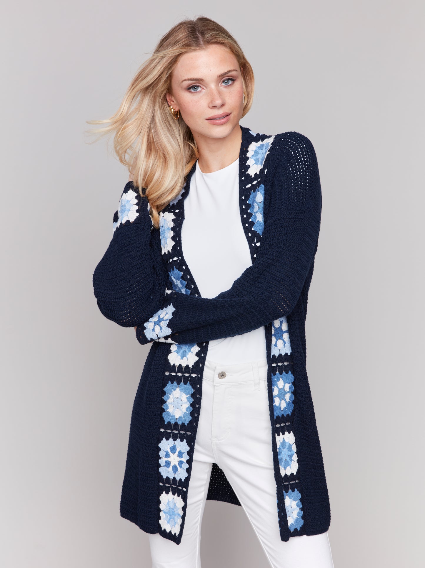 Charlie B Cotton Crochet Border Cardigan Navy C2789-833B-117