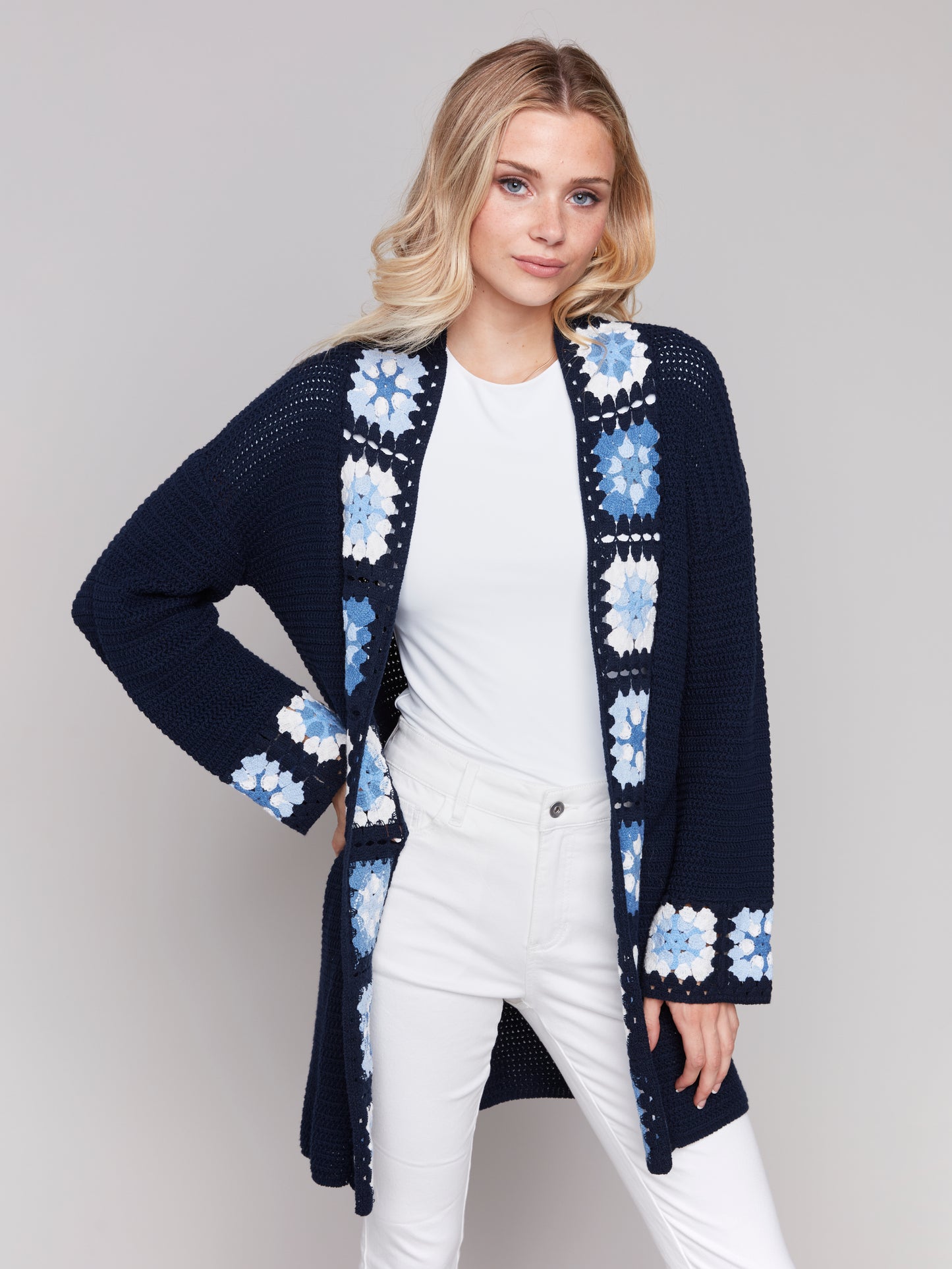 Charlie B Cotton Crochet Border Cardigan Navy C2789-833B-117