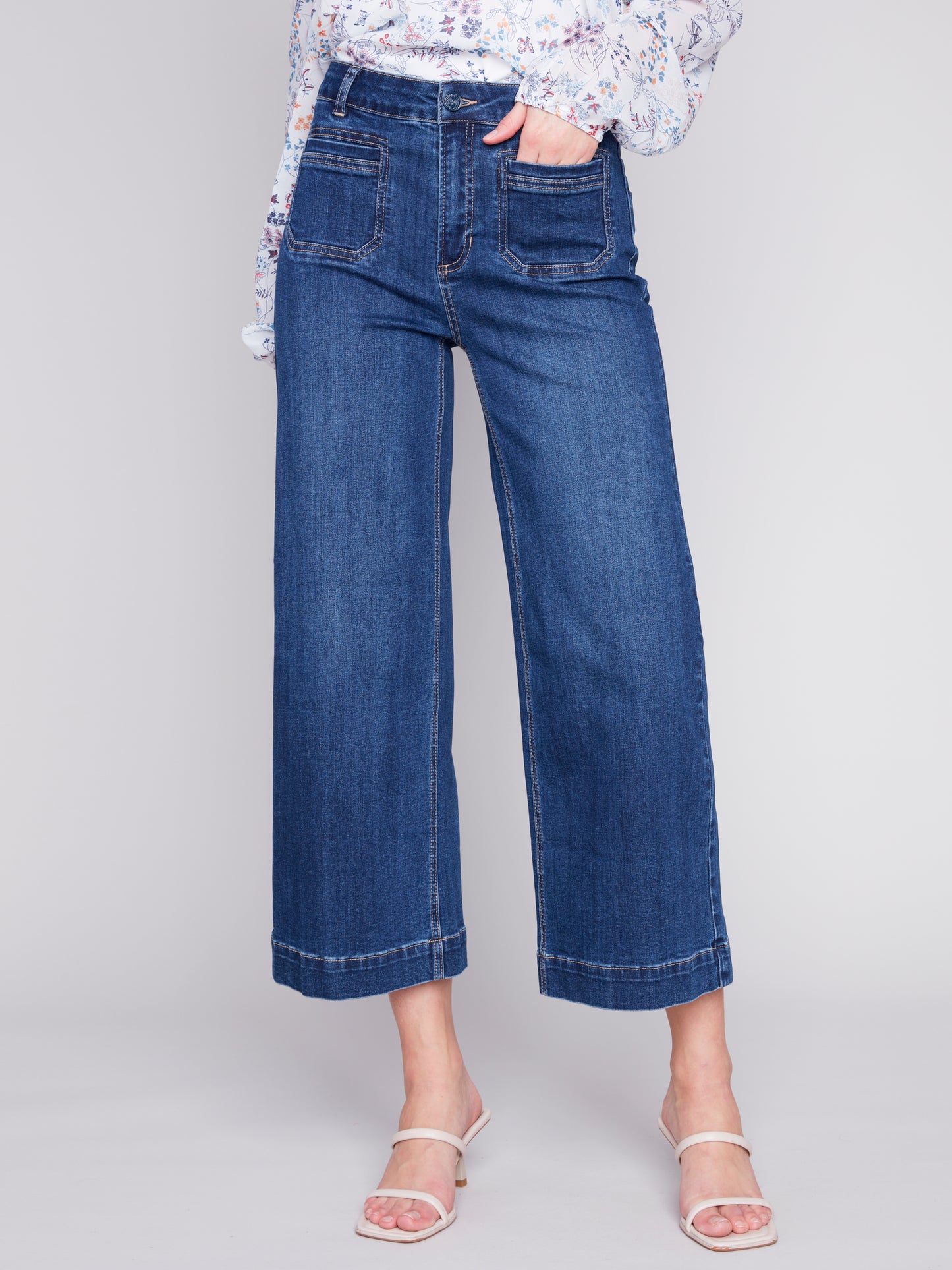 Charlie B Flare Leg Cropped Jeans w/Patch Pockets Indigo C5478-431A-007