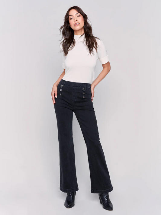 Charlie B Pull-On Flare Jeans w/Front Buttons Charcoal C5569-551A-024