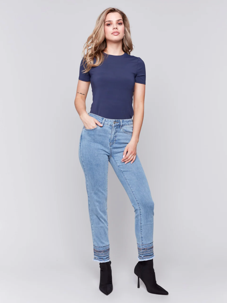 Charlie B Embroidered Hem Slim Leg Jeans Lt. Blue C5573-431A-140