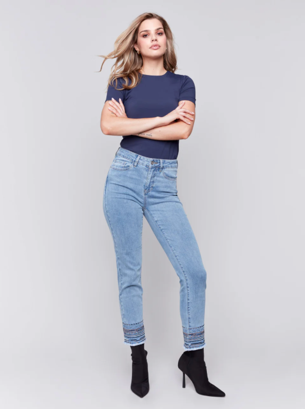 Charlie B Embroidered Hem Slim Leg Jeans Lt. Blue C5573-431A-140