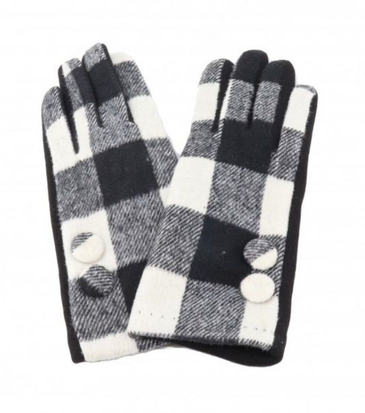 Cherie Bliss Double Button Plaid Touch Screen Gloves Black GL107201BLK