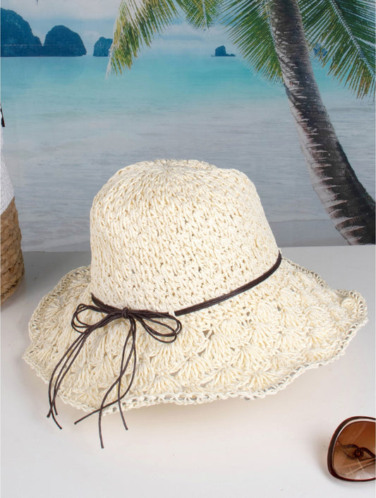 Weaved Summer Sunhat w/String Bow Cream HAT1279-01CRM