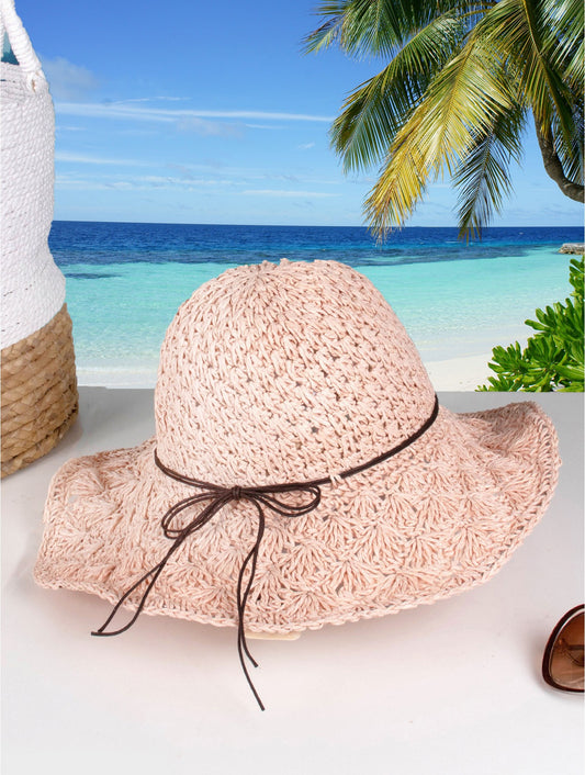 Weaved Summer Sunhat w/String Bow Pink HAT1279-04PK